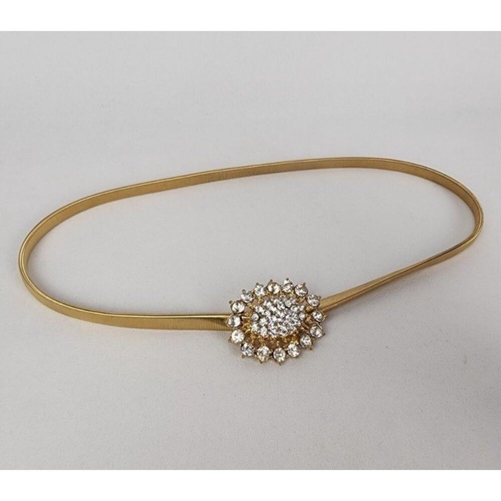 Vintage 80s Goldtone Skinny Rhinestone Stretchy Gold Tone Flex Belt